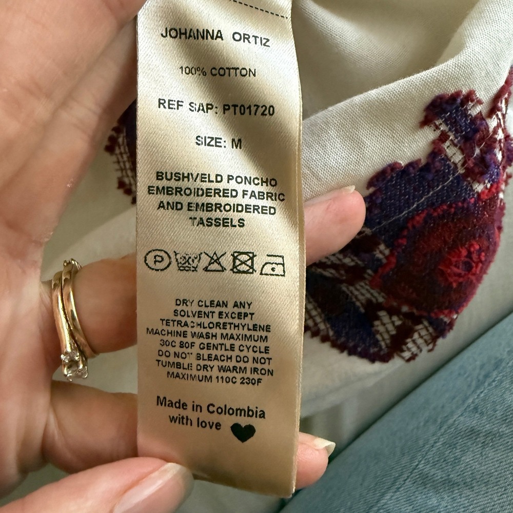 Johanna Ortiz Bushveld Poncho Embroidered Fabric Tassels Cream Size M - Picture 10 of 10